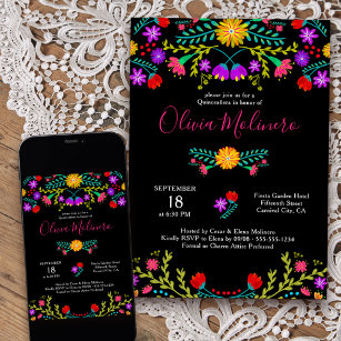 Invitation Quinceanera Fiesta mexicaine Coloré Floral Noir