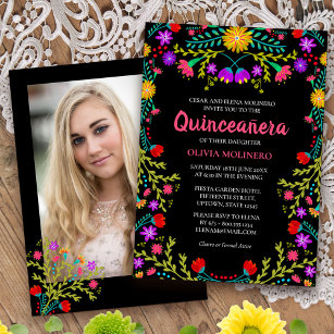 Invitation Quinceanera Fiesta mexicaine Florale Black Photo