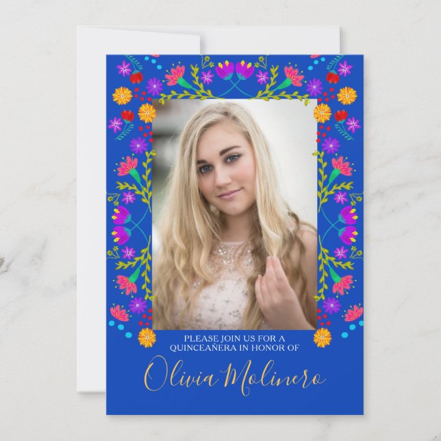 Invitation Quinceanera Fiesta mexicaine Florale Bleu Photo (Devant)