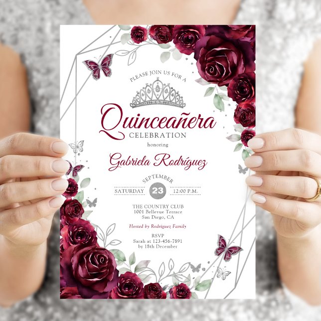 Invitation Quinceanera Fleur Aquarelle Bourgogne (Créateur téléchargé)