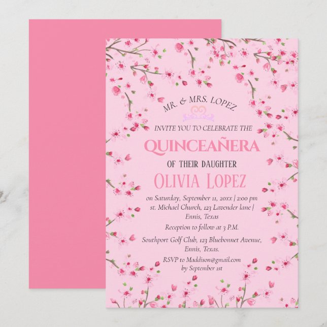 Invitation Quinceañera Fleur de cerisier rose (Devant / Derrière)