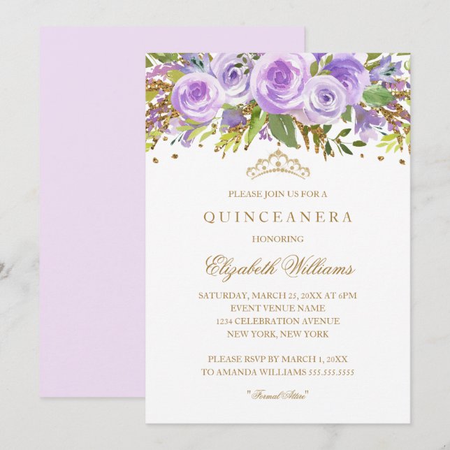 Invitation Quinceanera Fleur de Rose Or Pourpre (Devant / Derrière)