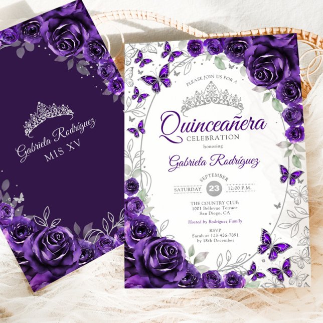 Invitation Quinceanera Fleur Florale Argent Violet (Créateur téléchargé)