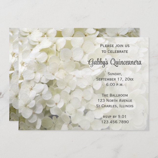 Invitation Quinceanera Fleur Hydrangée Blanche (Devant / Derrière)