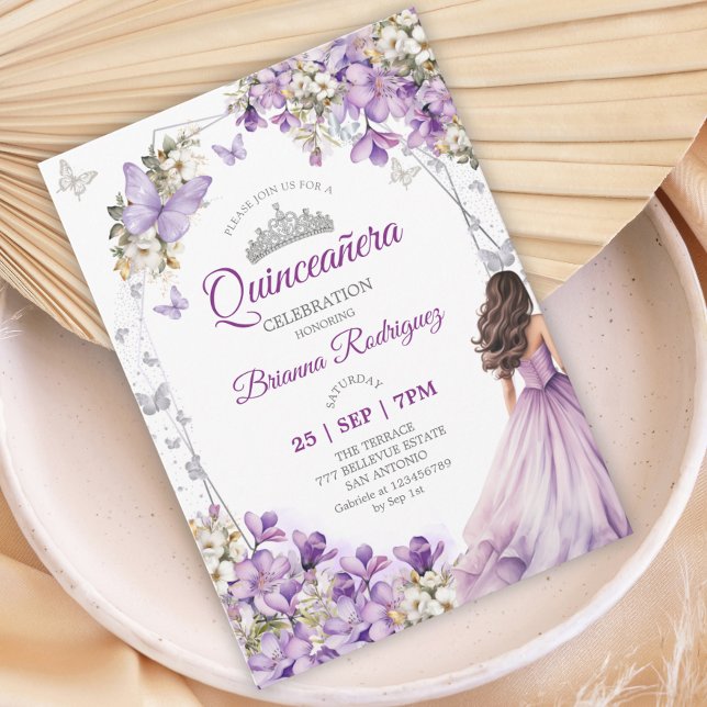 Invitation Quinceañera Fleur Papillon Argent Violet (Créateur téléchargé)