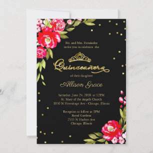Invitation Quinceanera Fleur Rose Chaud Sur Fond N