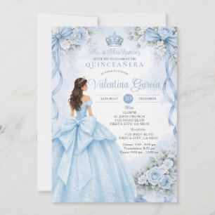 Invitation Quinceañera Fleurie avec Nœud Bleu Pous
