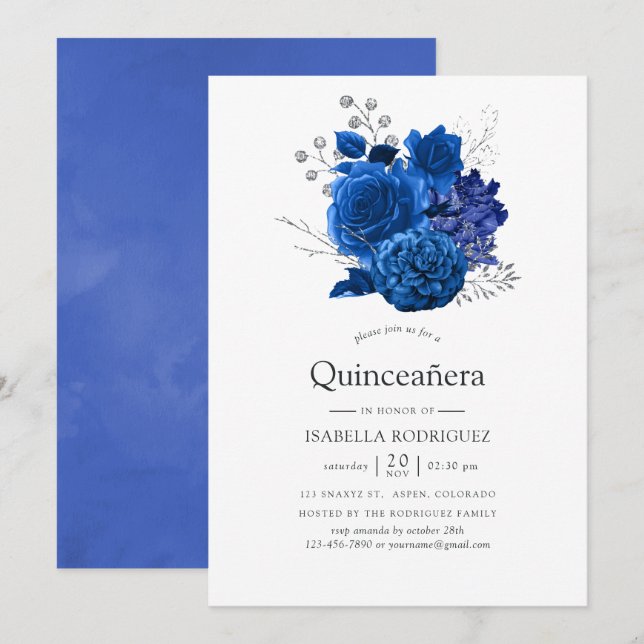 Invitation Quinceañera Fleurie Bleu Royal et Argent (Devant / Derrière)