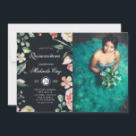 Invitation Quinceanera fleurie de minuit<br><div class="desc">Notre collection de fleurs de minuit présente des pivoines roses rousses et des roses avec des éclaboussures d'aquarelle et un feuillage ample sur arrière - plan bleu marine. Tout script est une combinaison de police de script élégante et de serif prêt pour votre personnalisation en un clic du bouton. Consultez...</div>