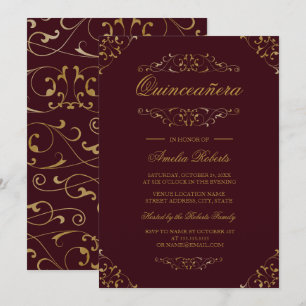 Invitation Quinceanera Fleurie Or Bourgogne Antiqu