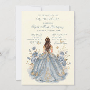 Invitation Quinceañera Fleurie Princesse Bleu Poussiéreux Or