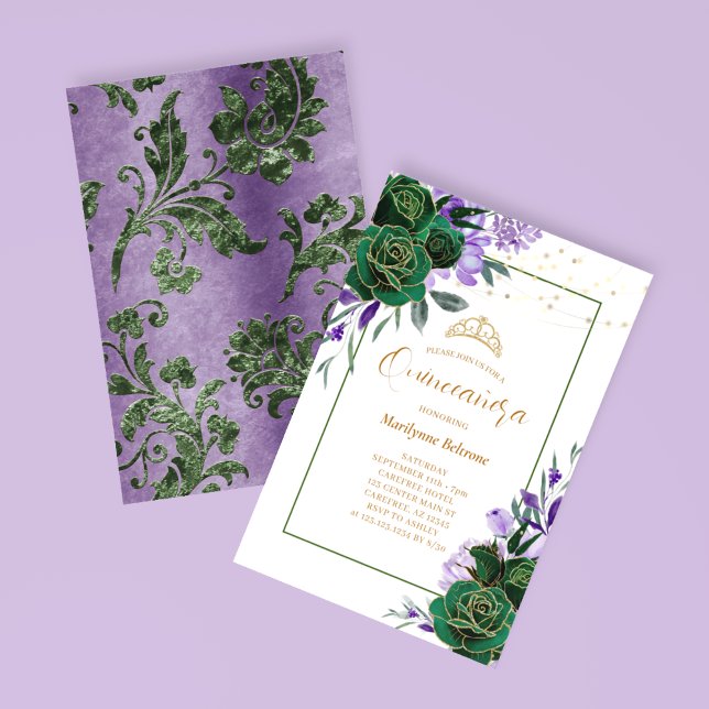 Invitation Quinceañera Fleurie Violette et Or (Créateur téléchargé)