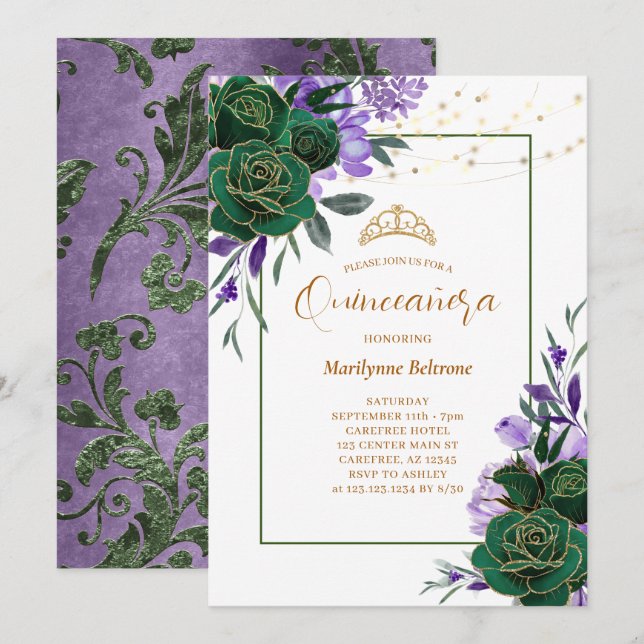 Invitation Quinceañera Fleurie Violette et Or (Devant / Derrière)