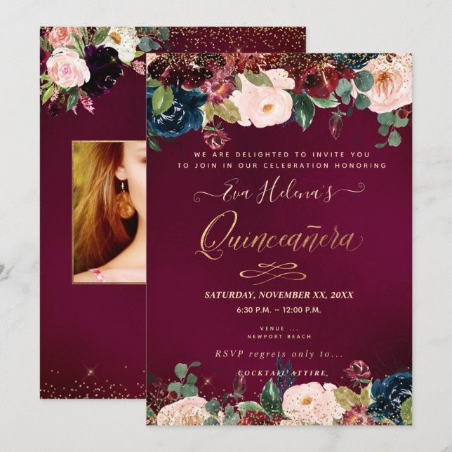 Invitation Quinceañera, Fleurs aquarelles roses DIY Sangria (Devant / Derrière)