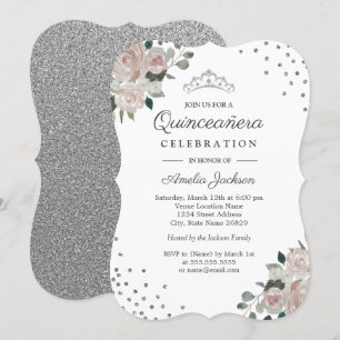 Invitation Quinceañera Fleurs Argent Poudré Confet
