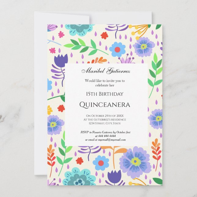 Invitation Quinceañera fleurs bleu rose (Devant)