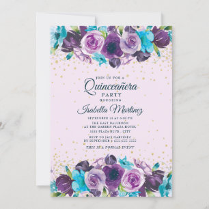 Invitation Quinceañera Fleurs Bleu Violet Pailleté Or