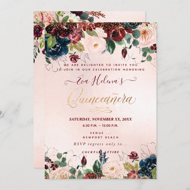 Invitation Quinceañera, Fleurs d'aquarelle rousse do-it-yours (Devant / Derrière)