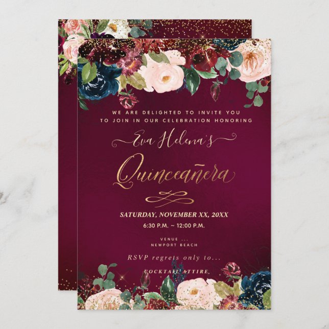 Invitation Quinceañera, Fleurs d'aquarelle rousse do-it-yours (Devant / Derrière)