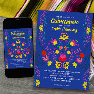 Invitation Quinceanera Fleurs du Parti Mexicain Bleu Annivers