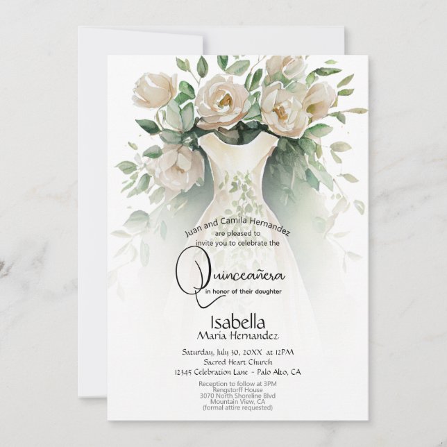 Invitation Quinceañera | Fleurs et robes d'ivoire (Devant)