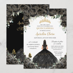 Invitation Quinceañera Fleurs florales noires Robe de fille O