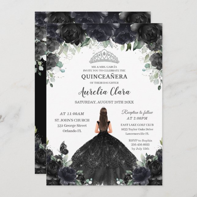 Invitation Quinceañera Fleurs florales noires Robe fille Arge (Devant / Derrière)