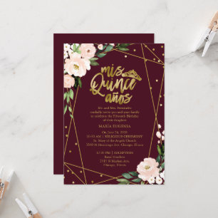 Invitation Quinceanera Fleurs Gold Burgundy Blush