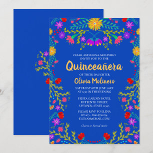 Invitation Quinceanera Fleurs Mexicaines Bleu Royal Anniversa
