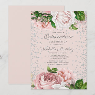 Invitation Quinceañera Fleurs Roses Argentées Pailletées