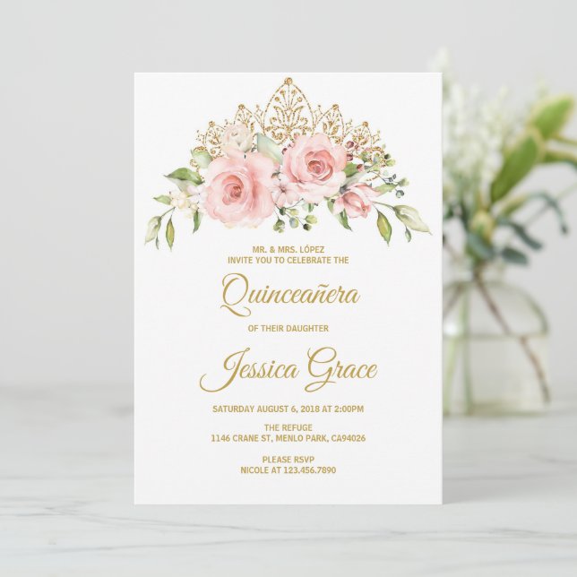 Invitation Quinceanera Fleurs Roses Brutes, Mis Quince (Debout devant)