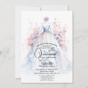Invitation Quinceañera Fleurs roses pâles et bleues