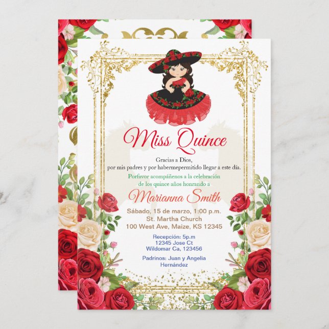 Invitation Quinceanera Fleurs Roses Rouges,  (Devant / Derrière)