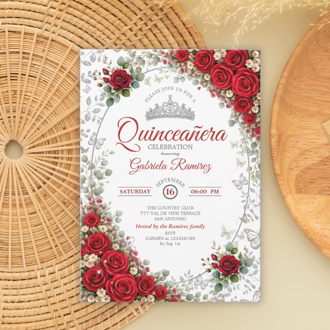 Invitation Quinceañera Fleurs Roses Rouges et Argentées (Créateur téléchargé)