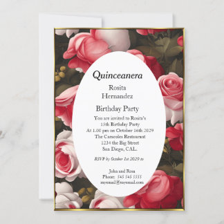 Invitation Quinceanera fleurs rouge blanc roses Anniversaire