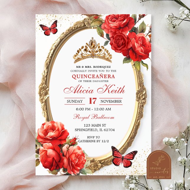 Invitation Quinceañera Fleurs Rouges et Or (Créateur téléchargé)