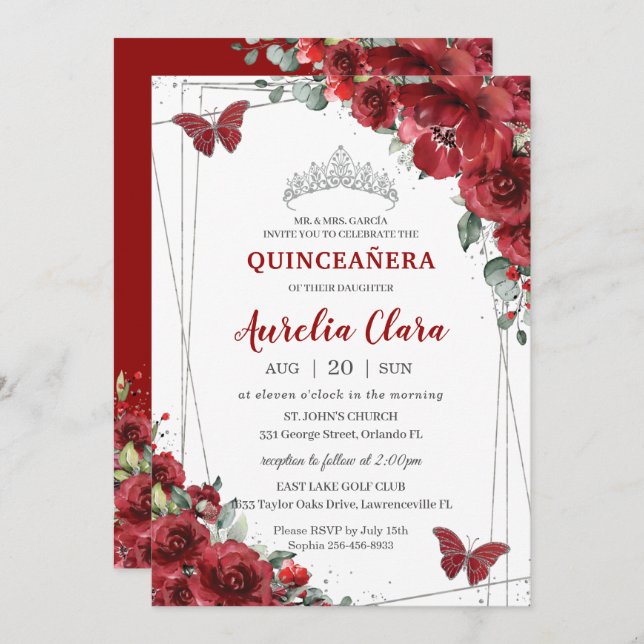 Invitation Quinceañera Fleurs rouges Floral Papillon en argen (Devant / Derrière)