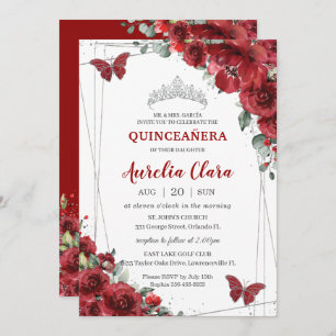 Invitation Quinceañera Fleurs rouges Floral Papillon en argen