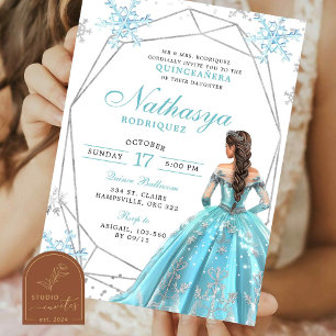 Invitation Quinceanera, flocon de neige bleu géométrique