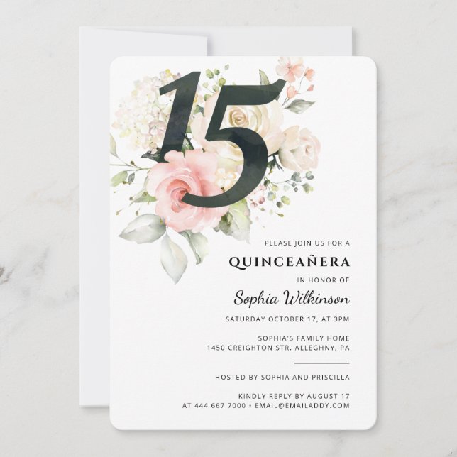 Invitation Quinceanera Floral Aquarelle 15e fête d'anniversai (Devant)