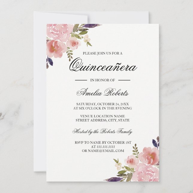 Invitation Quinceanera Floral Aquarelle Peonés rose violet (Devant)