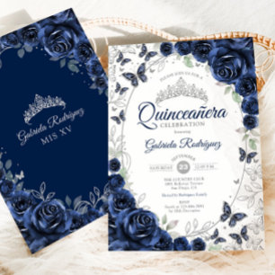 Invitation Quinceanera Floral Argent Navy