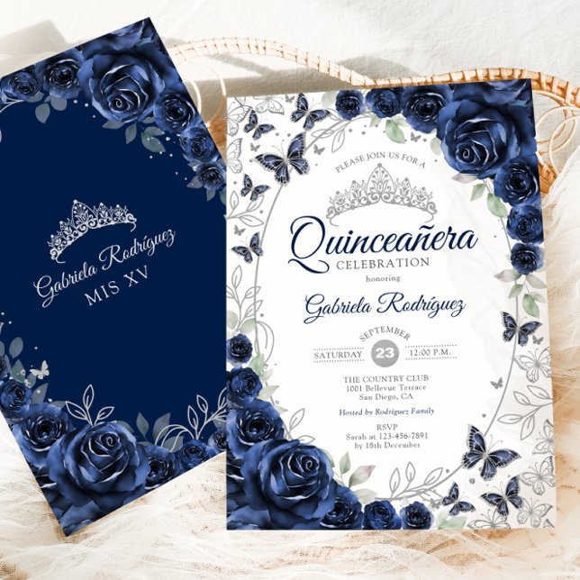 Invitation Quinceanera Floral Argent Navy (Créateur téléchargé)
