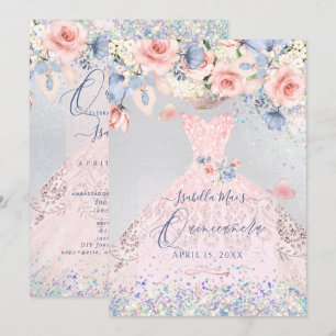 Invitation Quinceanera Floral Blush Pink Parties scintillant