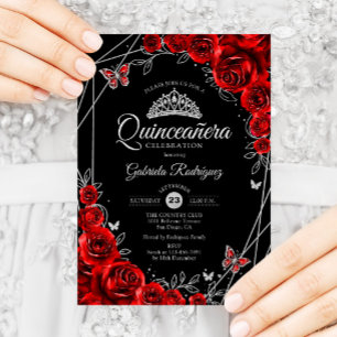 Invitation Quinceanera Floral d'argent rouge noir