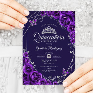 Invitation Quinceanera Floral d'argent violet