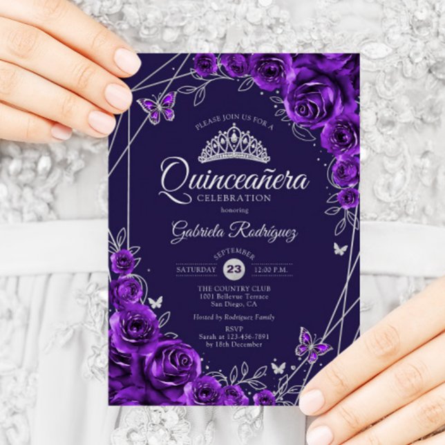 Invitation Quinceanera Floral d'argent violet (Créateur téléchargé)