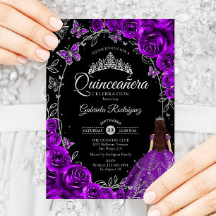 Invitation Quinceanera Floral d'argent violet