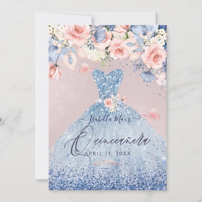 Invitation Quinceanera Floral Dusty Blue Parties scintillant  (Devant)