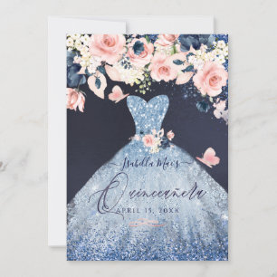 Invitation Quinceanera Floral Dusty Blue Parties scintillant 